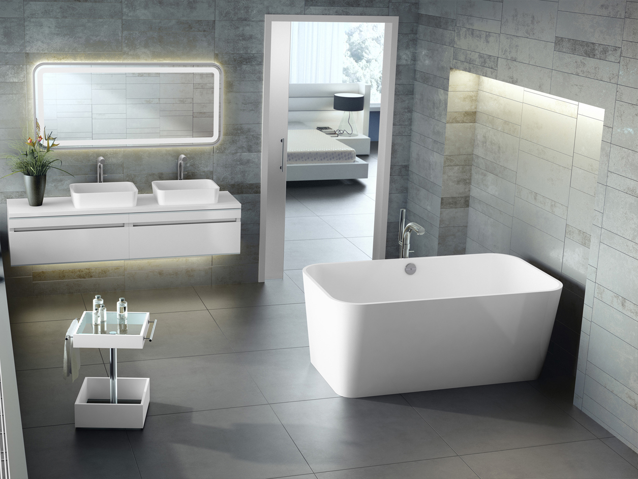 Victoria + Albert Edge bath in volcanic limestone is distributed in Quenesland by Luxe by Design, Brisbane.