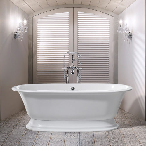 Victoria + Albert Elwick traditional bath in volcanic limestone is distributed in Quenesland by Luxe by Design, Australia.