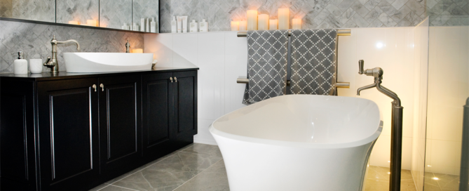 Shaynna Blaze Deadline Design Blackburn Bathroom - Victoria and Albert Amiata bath and Ios 80 basin. Marble and Black bathroom.