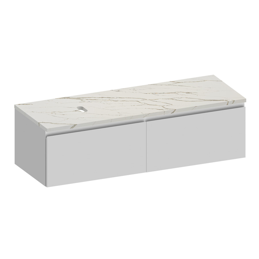 Kokoon Elements 140cm matte white cabinet with Vena d'oro stone top. Luxe by Design Australia