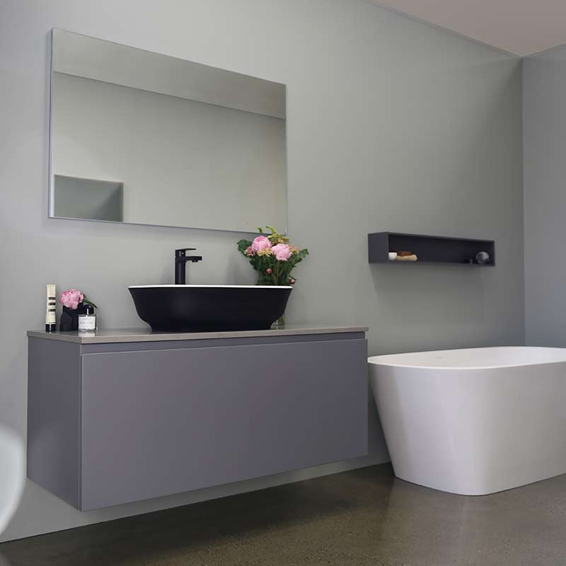 Kokoon Elements 120cm matte graphite cabinet with Fumo concrete stone top. Luxe by Design Australia