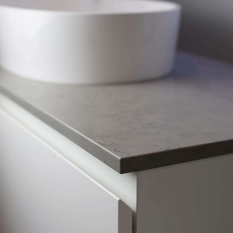 Kokoon Elements 120cm matte white cabinet with Fumo concrete stone top. Luxe by Design Australia