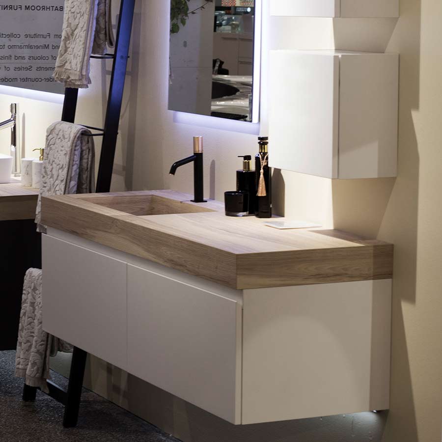 Kokoon Elements 140cm matte white cabinet with HPL rovere wafer top. Luxe by Design Australia