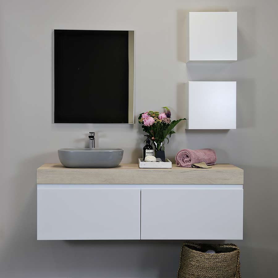Kokoon Elements matte white cabinet with HPL rovere wafer top, wood grain effect. Luxe by Design Australia