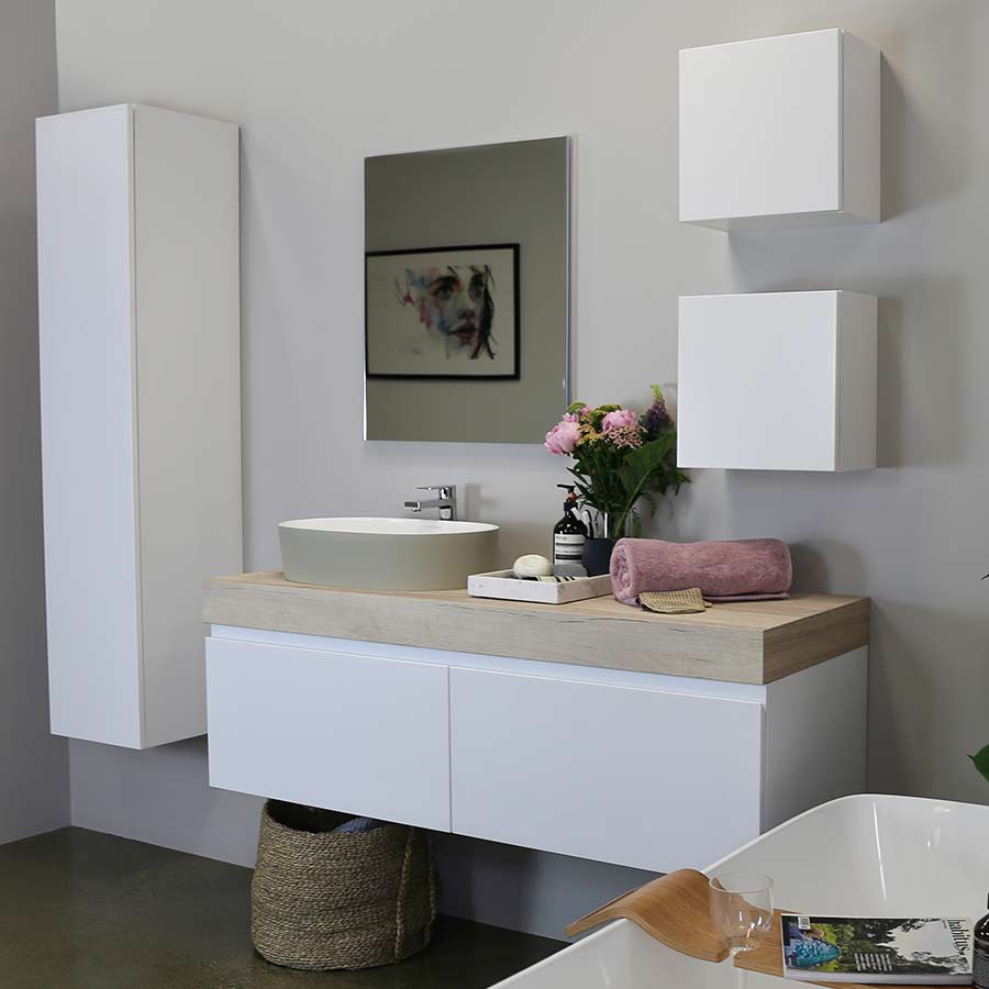 Kokoon Elements matte white cabinet with HPL rovere wafer top, wood grain effect. Luxe by Design Australia