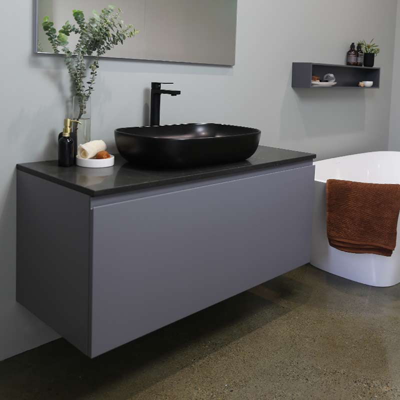 Kokoon Elements 120cm matte graphite cabinet with Tempesta stone top. Luxe by Design Australia