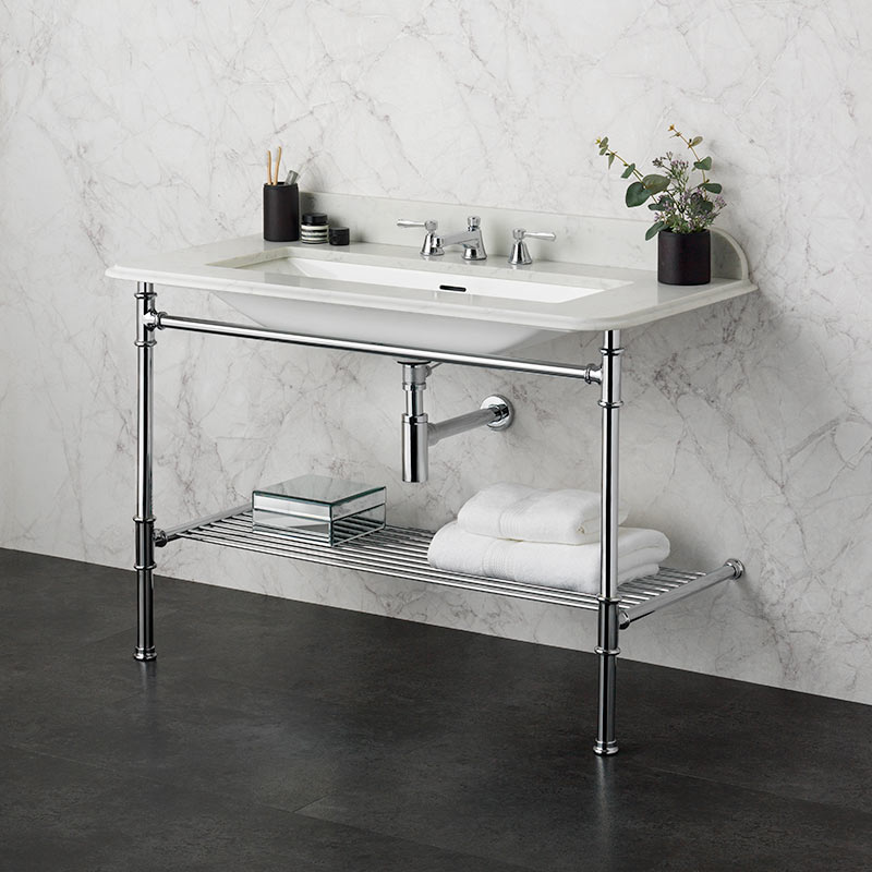 Victoria + Albert Metallo 113 white quartz washstand. Metal frame, stone or marble top bathroom vanity. Distributed by Luxe by Design Australia.