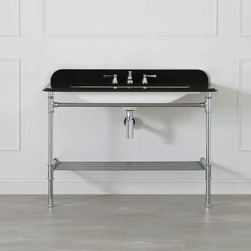 Victoria + Albert Metallo 113 black quartz washstand. Metal frame, stone or marble top bathroom vanity. Distributed by Luxe by Design Australia.