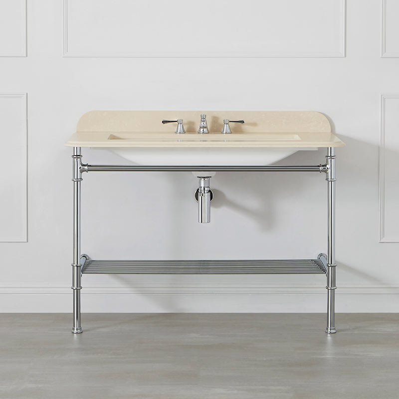 Victoria + Albert Metallo 113 biscuit quartz washstand. Metal frame, stone or marble top bathroom vanity. Distributed by Luxe by Design Australia.