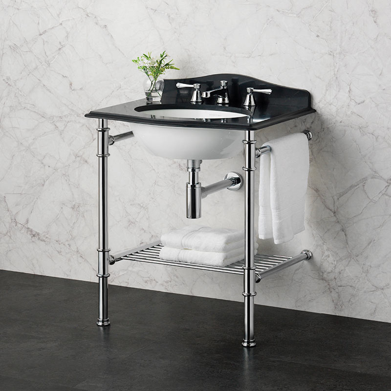 Victoria + Albert Metallo 61 black quartz washstand. Metal frame, stone or marble top bathroom vanity. Distributed by Luxe by Design Australia.
