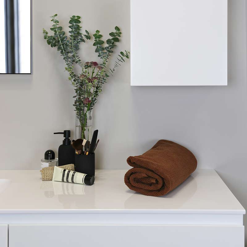 Kokoon Quantum matte white cabinet with smooth white Mineralmarmo slab top. Luxe by Design Australia, Italian bathroom vanities and furniture, Brisbane.