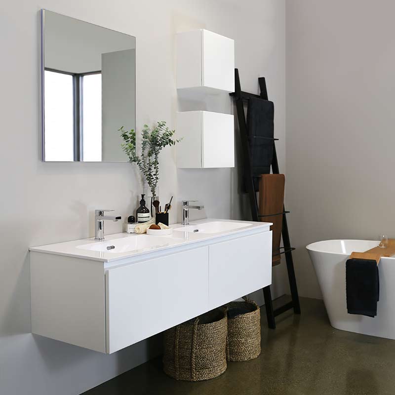 Kokoon Quantum matte white cabinet with smooth white Mineralmarmo integrated washbasin top. Luxe by Design Australia, Italian bathroom vanities and furniture, Brisbane.
