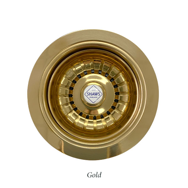 Shaws 90mm Basket Strainer waste in Gold. Butler sink waste, imported and distributed by Luxe by Design Australia.