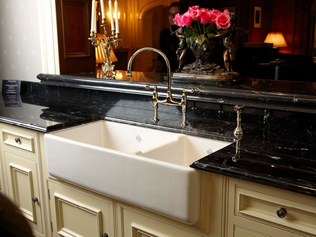 Shaws Edgworrth Sink. Dual bowl 1000mm flat front fireclay farmhouse butler sink by Shaws of Darwen, England. Imported and distributed in Australia by Luxe by Design, Brisbane.