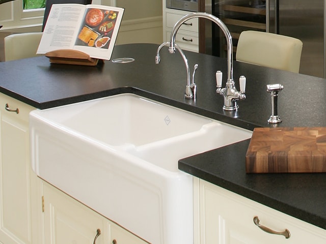 Shaws Egerton Sink. Dual bowl 1000mm pinstripe detail flat front fireclay farmhouse butler sink by Shaws of Darwen, England. Imported and distributed in Australia by Luxe by Design, Brisbane.