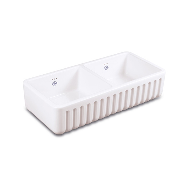 Shaws Ribchester 800 Sink. Dual bowl 800mm ribbed front fireclay farmhouse butler sink by Shaws of Darwen, England. Imported and distributed in Australia by Luxe by Design, Brisbane.