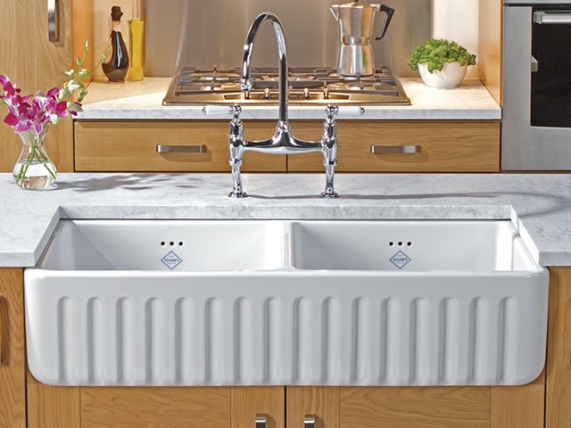 Shaws Ribchester 800 Sink. Dual bowl 800mm ribbed front fireclay farmhouse butler sink by Shaws of Darwen, England. Imported and distributed in Australia by Luxe by Design, Brisbane.