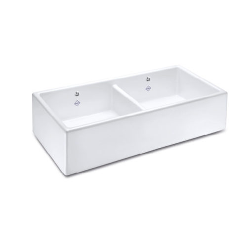Shaws Shaker Double 900 sink. Dual bowl 900mm fireclay butler sink by Shaws of Darwen, England. Imported and distributed in Australia by Luxe by Design, Brisbane.