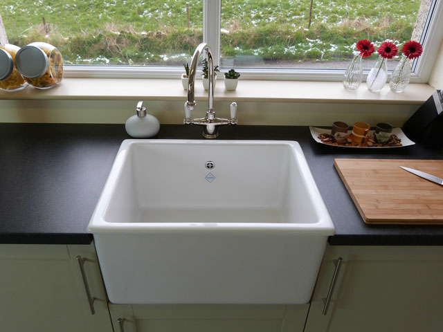 Shaws Whitehall Sink for laminate bench tops. 600mm single bowl fireclay butler sink by Shaws of Darwen, England. Imported and distributed in Australia by Luxe by Design, Brisbane.
