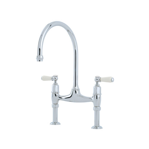 Shaws by Perrin & Rowe Pendleton bridge mixer in chrome. Ionian style kitchen tap with straight unions AUSH.4193. Distributed in Australia by Luxe by Design, Brisbane.