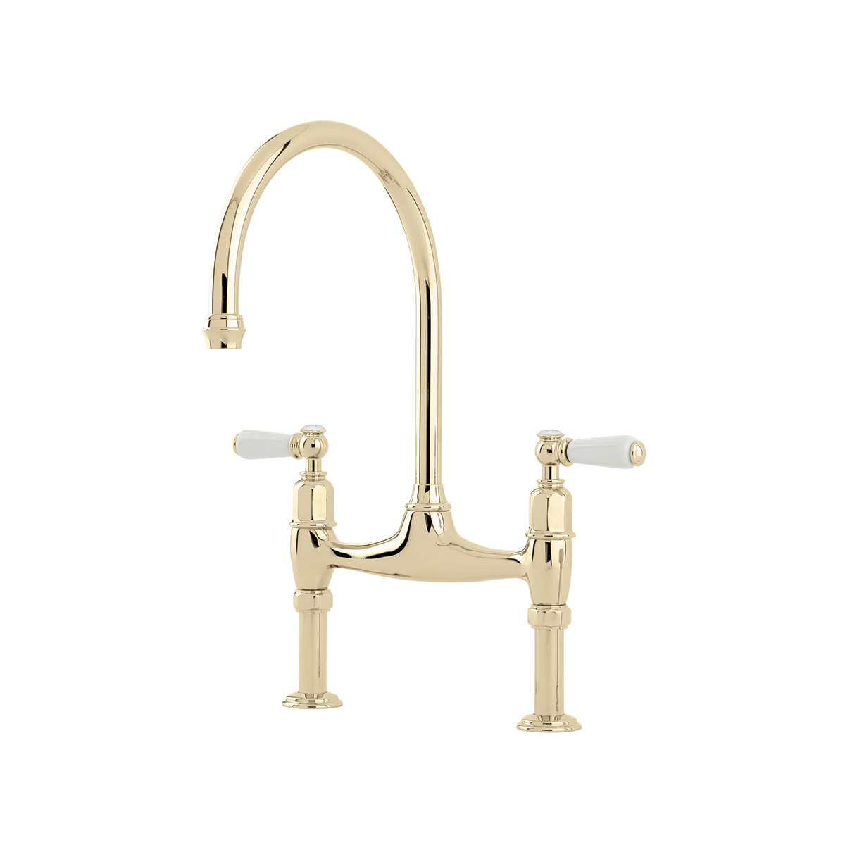 Shaws by Perrin & Rowe Pendleton bridge mixer in gold. Ionian style kitchen tap with straight unions AUSH.4193. Distributed in Australia by Luxe by Design, Brisbane.
