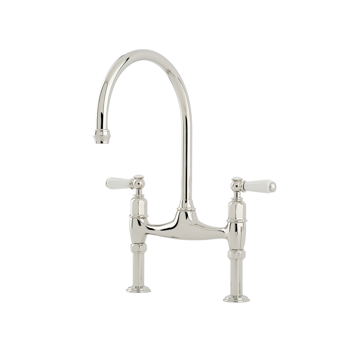 Shaws by Perrin & Rowe Pendleton bridge mixer in nickel. Ionian style kitchen tap with straight unions AUSH.4193. Distributed in Australia by Luxe by Design, Brisbane.