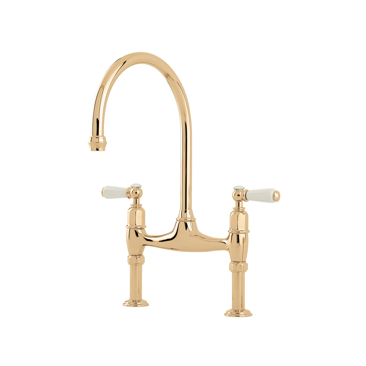 Shaws by Perrin & Rowe Pendleton bridge mixer in polished brass. Ionian style kitchen tap with straight unions AUSH.4193. Distributed in Australia by Luxe by Design, Brisbane.