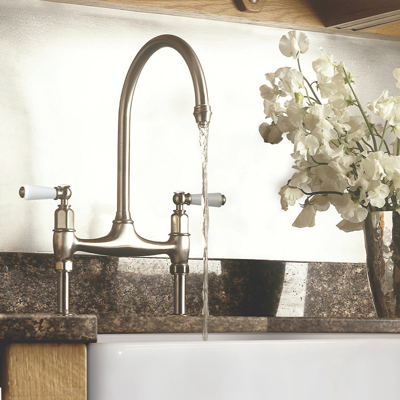 Shaws by Perrin & Rowe Pendleton bridge kitchen mixer in chrome. Distributed in Australia by Luxe by Design, Brisbane.