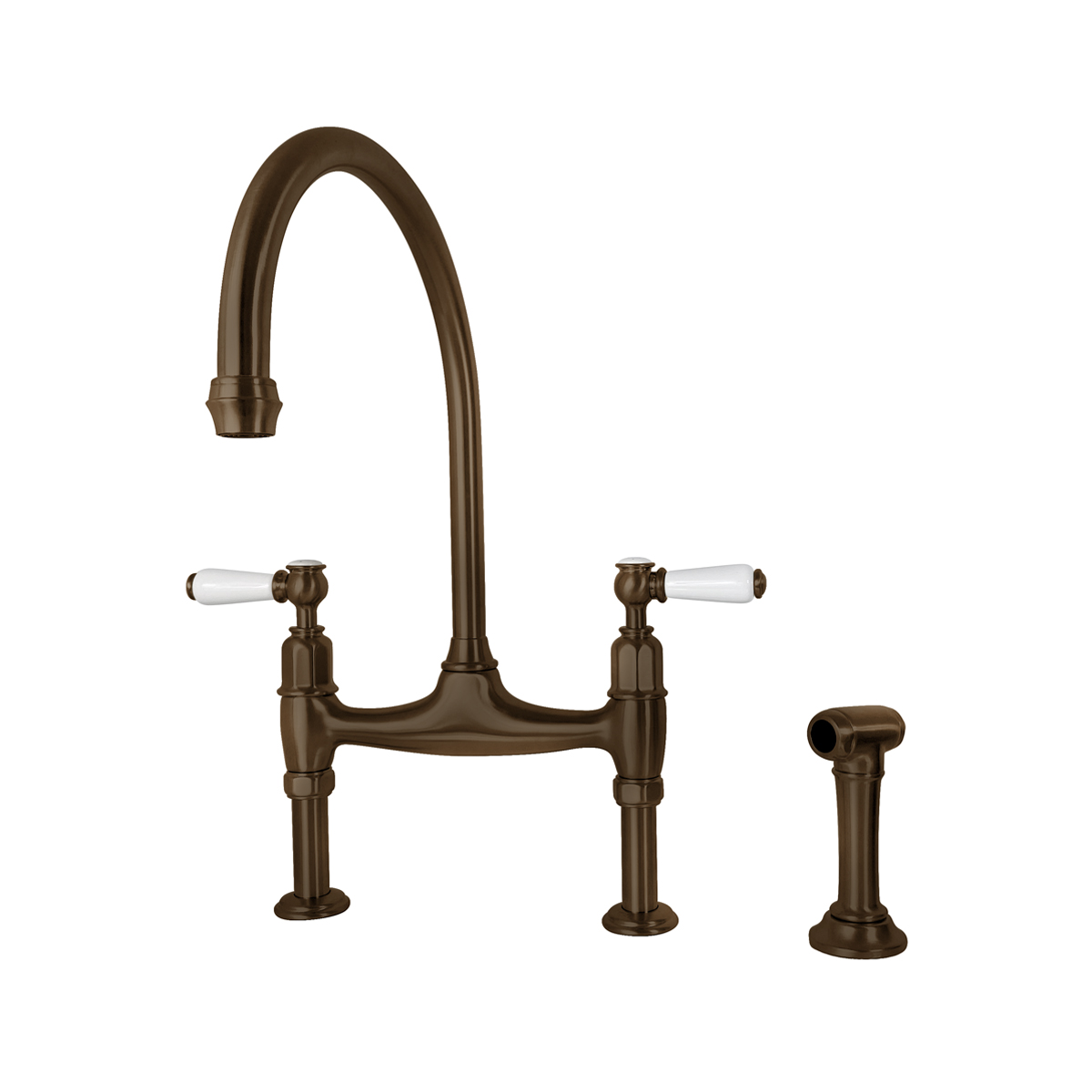 Shaws by Perrin & Rowe Pendleton bridge mixer with spray rinse in english bronze. Ionian style kitchen tap with straight unions AUSH.4173. Distributed in Australia by Luxe by Design, Brisbane.