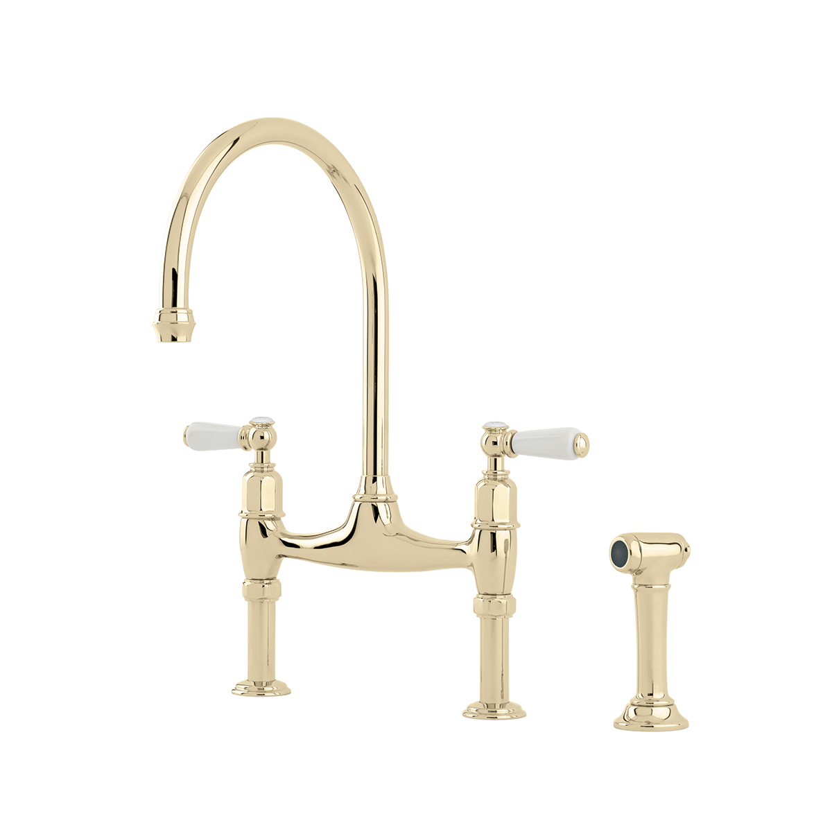 Shaws by Perrin & Rowe Pendleton bridge mixer with spray rinse in gold. Ionian style kitchen tap with straight unions AUSH.4173. Distributed in Australia by Luxe by Design, Brisbane.