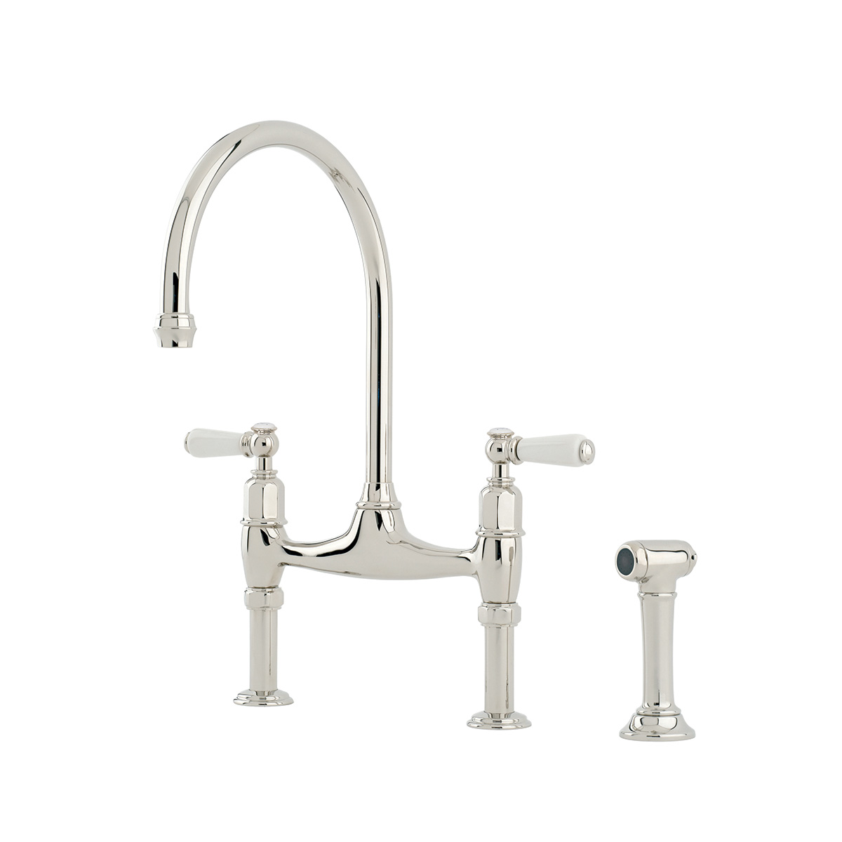 Shaws by Perrin & Rowe Pendleton bridge mixer with spray rinse in nickel. Ionian style kitchen tap with straight unions AUSH.4173. Distributed in Australia by Luxe by Design, Brisbane.