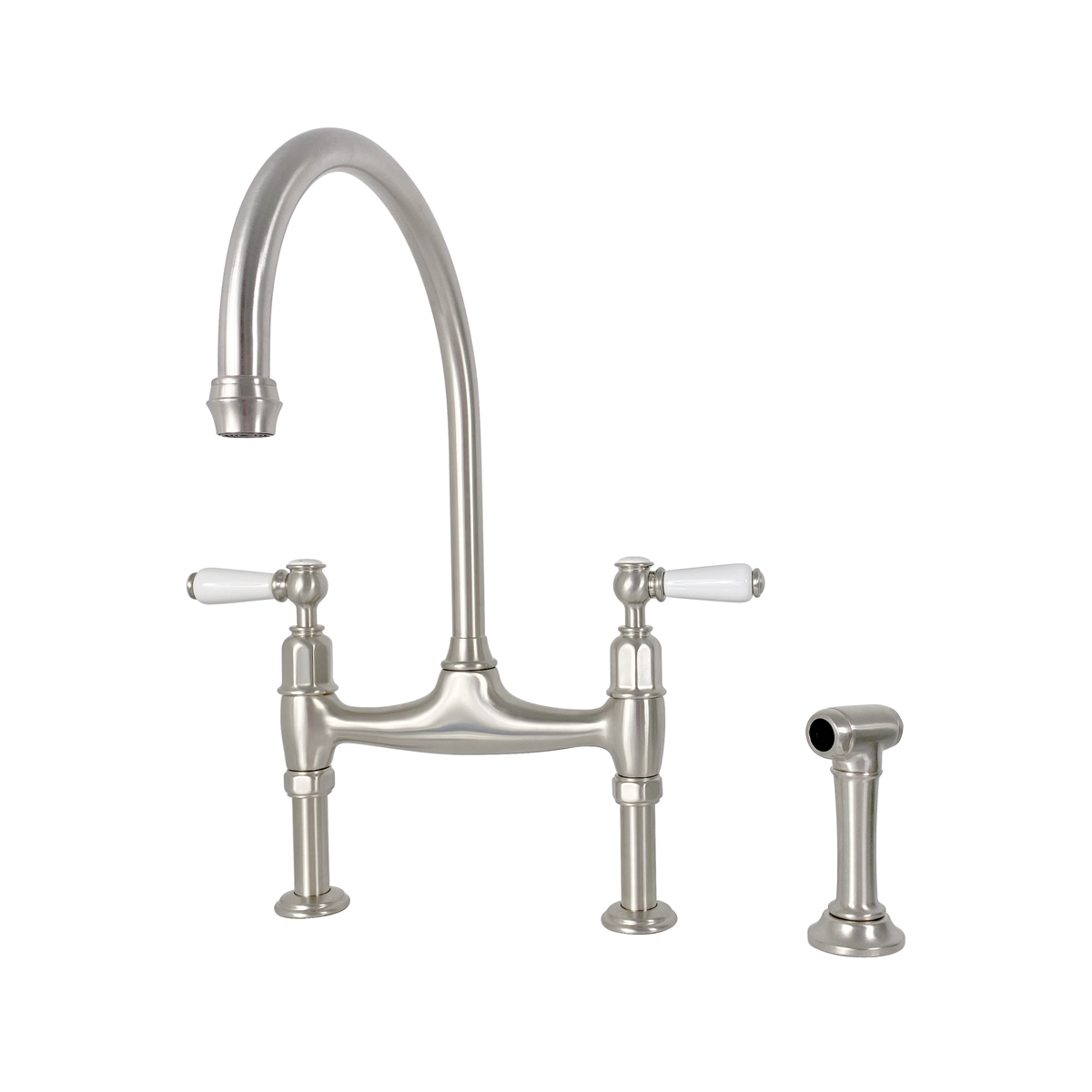 Shaws by Perrin & Rowe Pendleton bridge mixer with spray rinse in pewter. Ionian style kitchen tap with straight unions AUSH.4173. Distributed in Australia by Luxe by Design, Brisbane.
