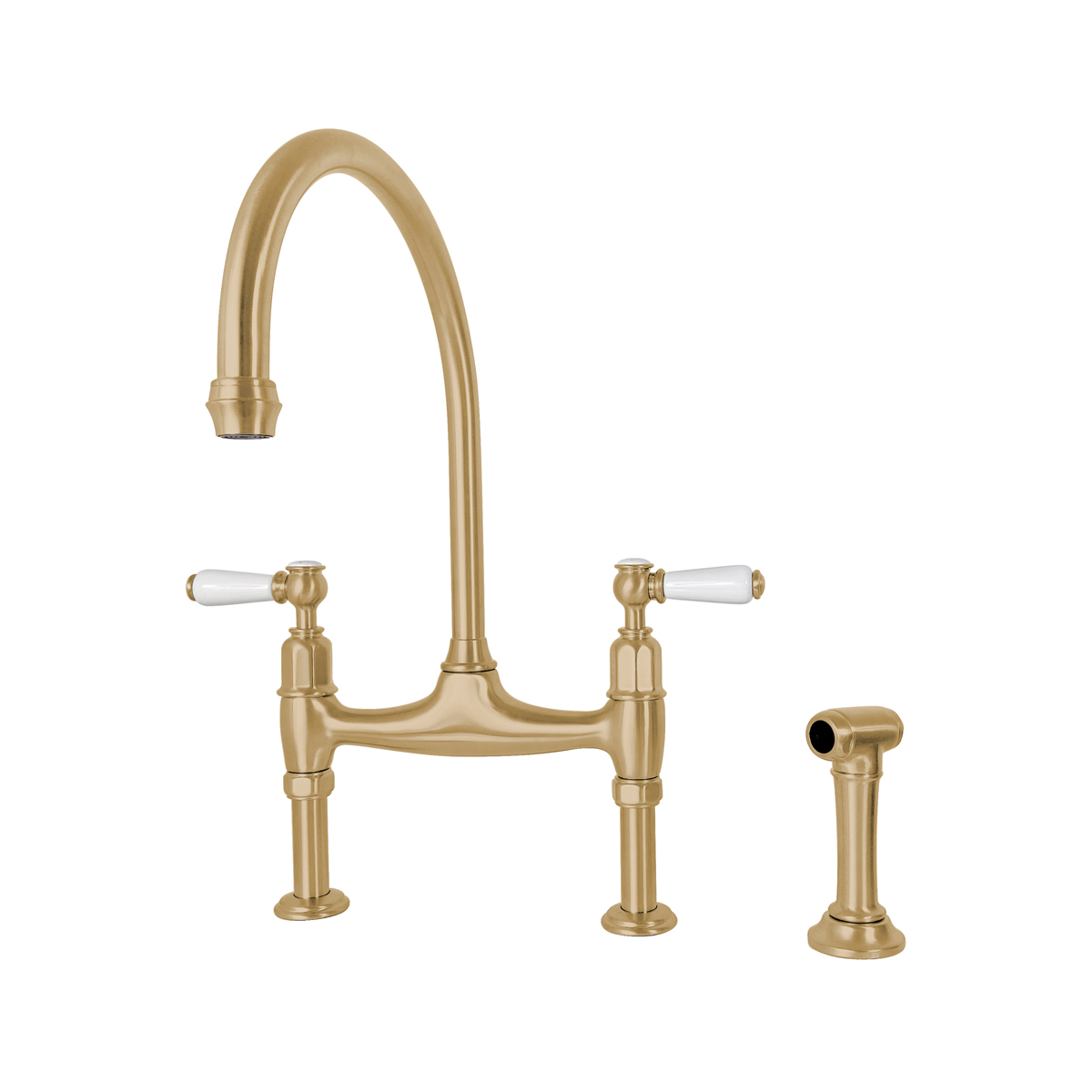 Shaws by Perrin & Rowe Pendleton bridge mixer with spray rinse in satin brass. Ionian style kitchen tap with straight unions AUSH.4173. Distributed in Australia by Luxe by Design, Brisbane.