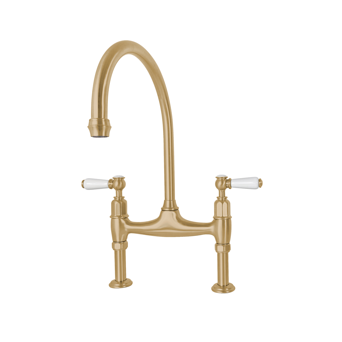 Shaws by Perrin & Rowe Pendleton bridge mixer in satin brass. Ionian style kitchen tap with straight unions AUSH.4193. Distributed in Australia by Luxe by Design, Brisbane.