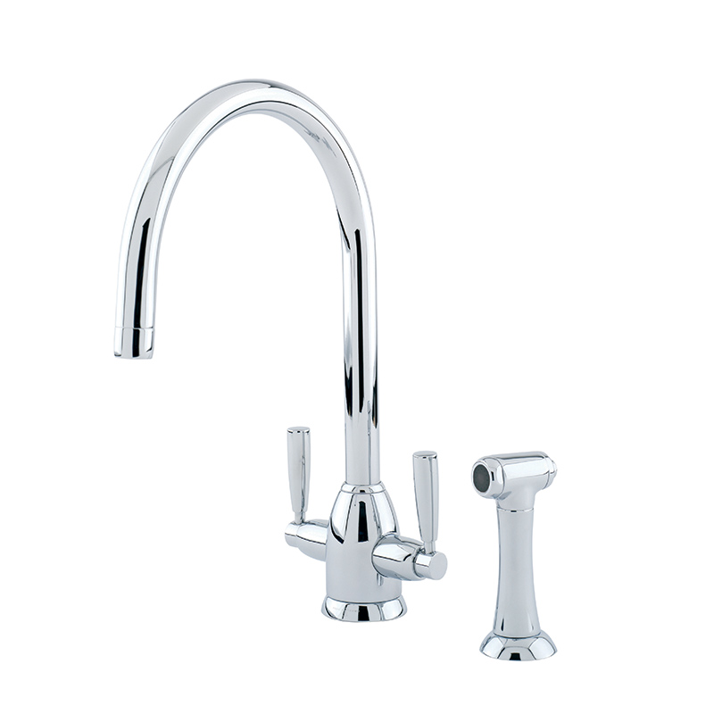 Shaws by Perrin & Rowe Silverdale kitchen mixer with spray rinse in chrome. Oberon style kitchen mixer AUSH. 4866. Distributed in Australia by Luxe by Design, Brisbane.