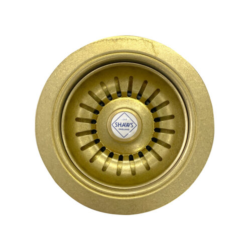 Shaws fireclay sink plug and waste basket strainer in Raw Brass. Distributed in Australia by Luxe by Design, Brisbane.
