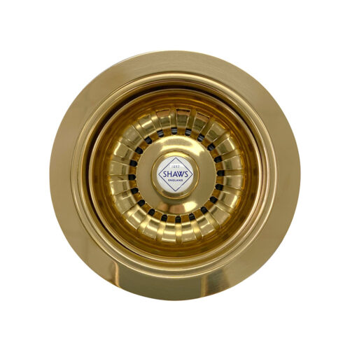 Shaws fireclay sink plug and waste basket strainer in Gold. Distributed in Australia by Luxe by Design, Brisbane.