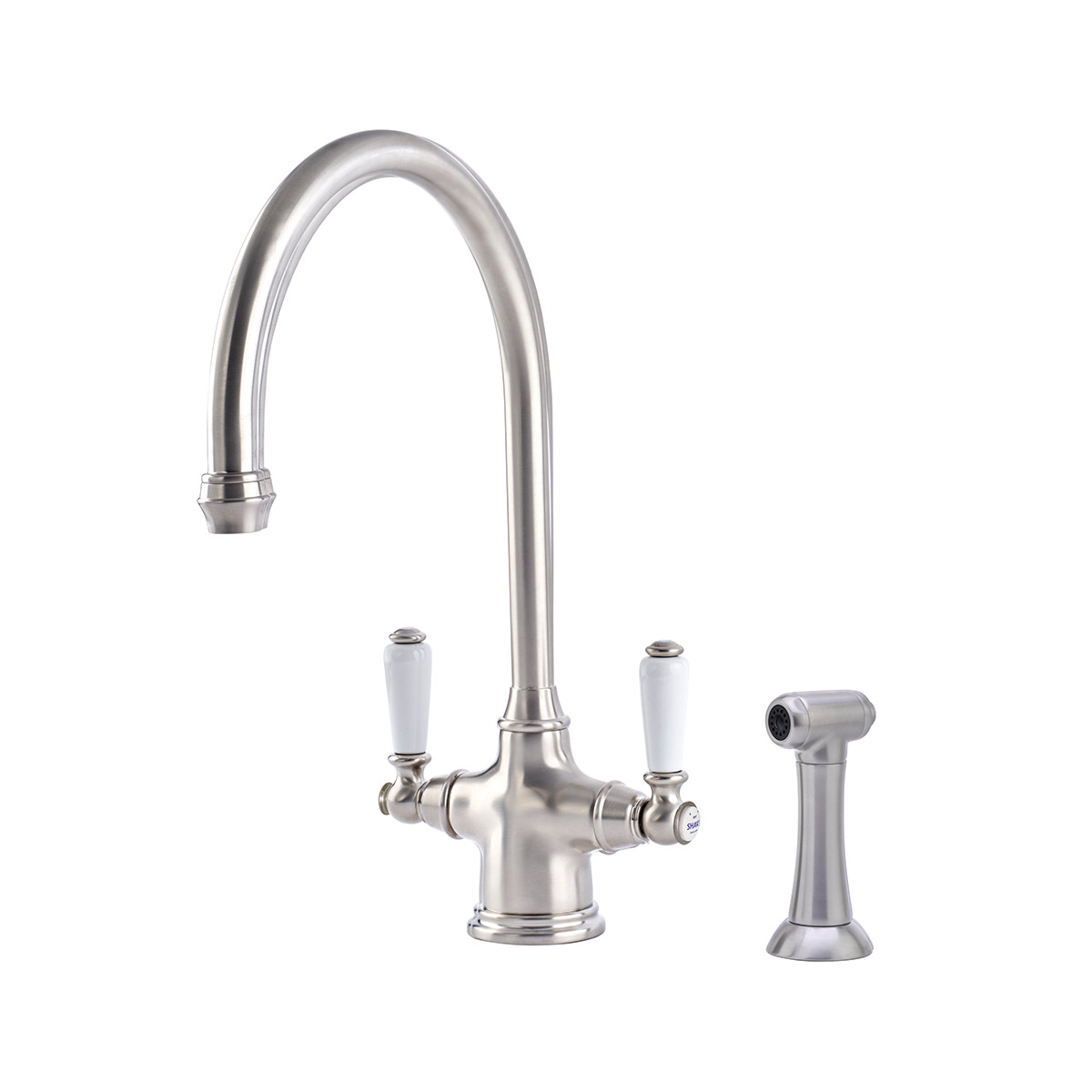 Shaws by Perrin & Rowe Ribble kitchen mixer with spray rinse in pewter. Phoenician style monobloc kitchen tap AUSH.4360. Distributed in Australia by Luxe by Design, Brisbane.