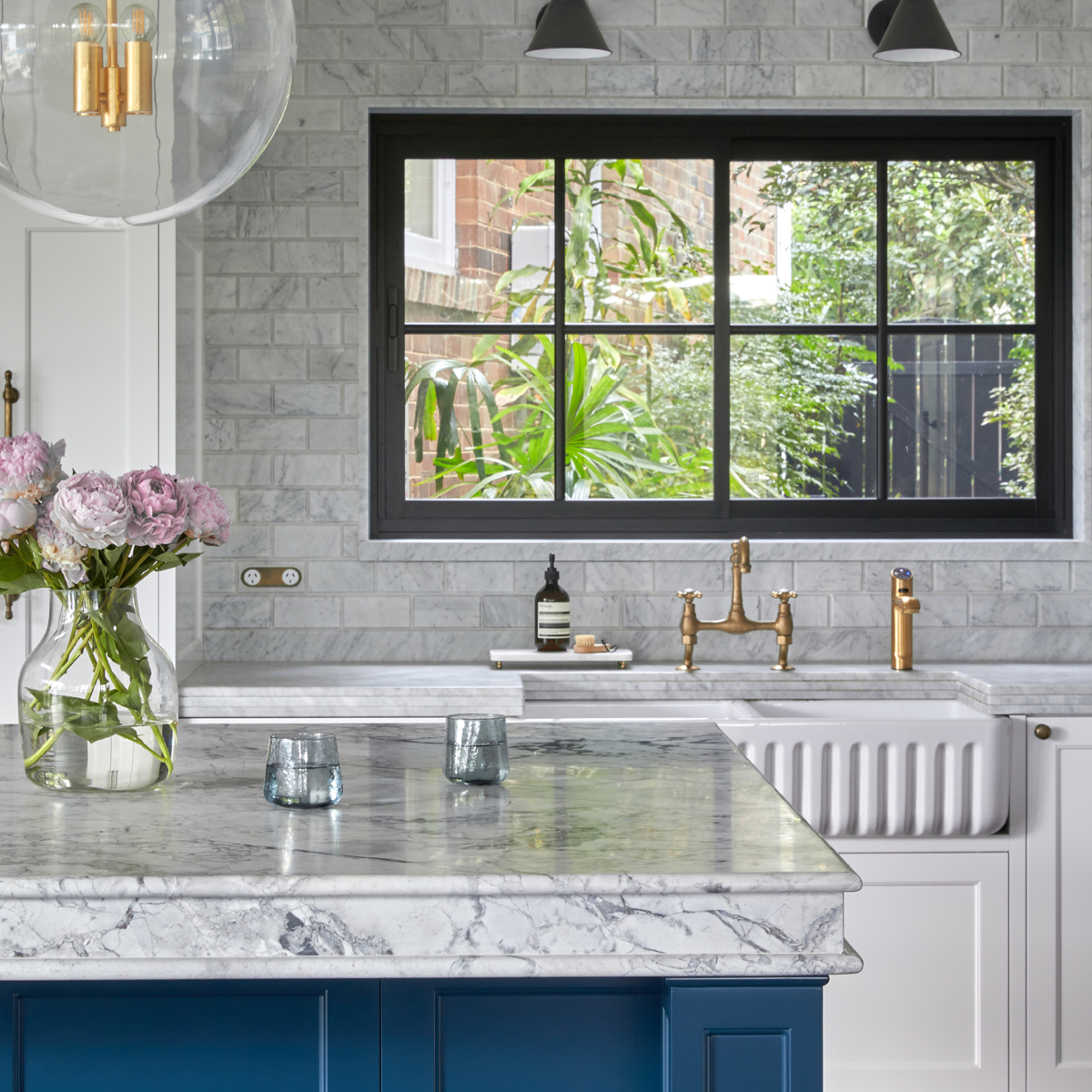 Shaws Ribchester 800 sink - Roseville House by Danielle Victoria. Blue, White and Brass Modern Hamptons Kitchen and interior design Australia.