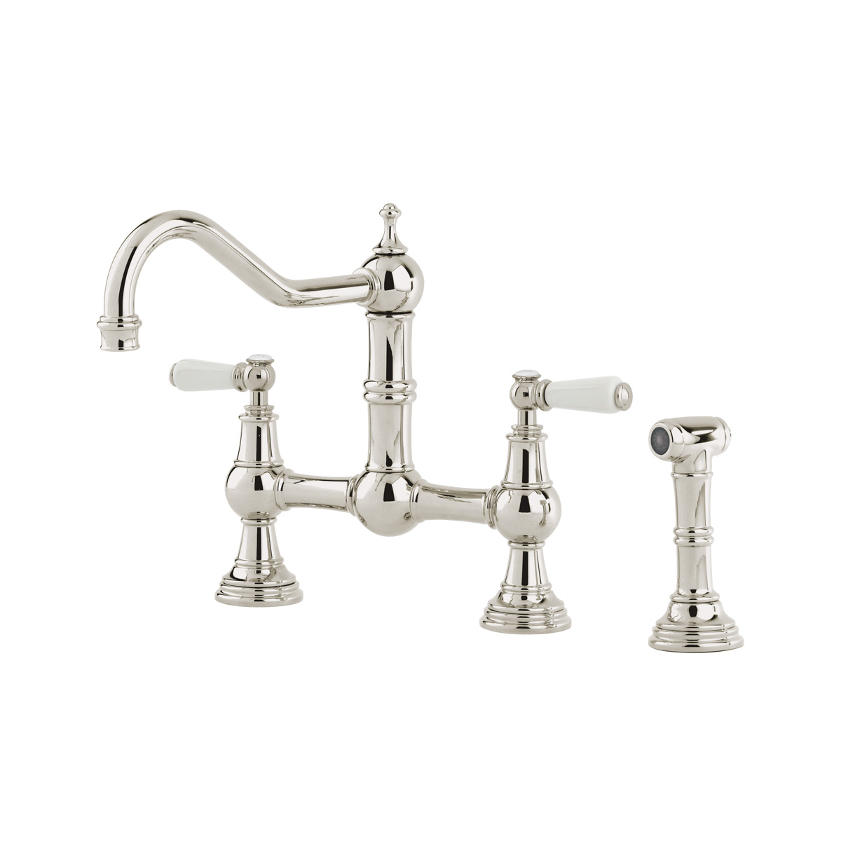 Shaws by Perrin & Rowe Hambleton French bridge mixer with spray rinse in Nickel. Provence style kitchen tap AUSH.4756. Distributed in Australia by Luxe by Design, Brisbane.