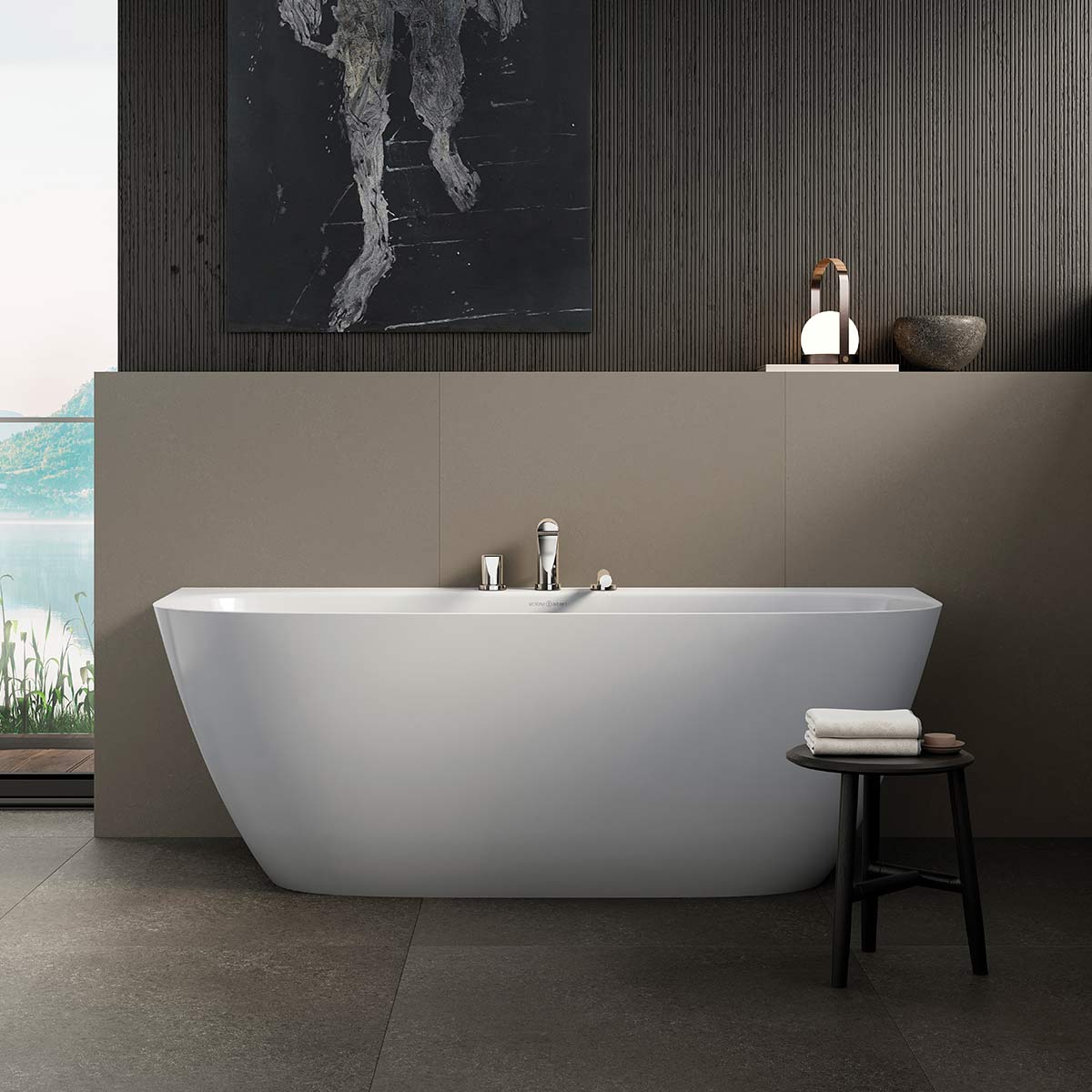 Victoria + Albert Lussari 1700 back to wall bath in gloss white. Also available in matt white or custom colour exterior. Distributed in Australia by Luxe by Design, Brisbane.