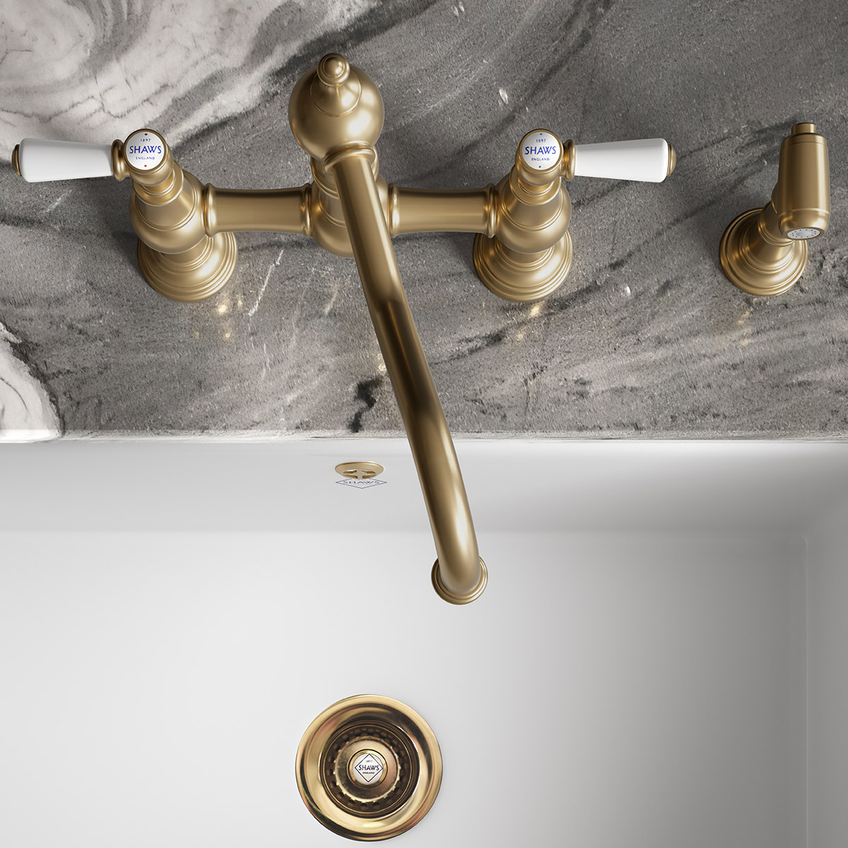 Shaws by Perrin & Rowe Hambleton French bridge mixer with spray rinse in Satin Brass. Provence style kitchen tap AUSH.4756. Distributed in Australia by Luxe by Design, Brisbane.