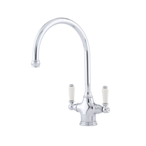 Shaws by Perrin & Rowe Ribble kitchen mixer in chrome. Phoenician style monobloc kitchen tap AUSH.4460. Distributed in Australia by Luxe by Design, Brisbane.