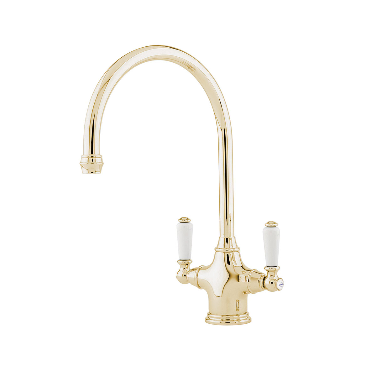 Shaws by Perrin & Rowe Ribble kitchen mixer in Gold (special order). Phoenician style monobloc kitchen tap AUSH.4460. Distributed in Australia by Luxe by Design, Brisbane.