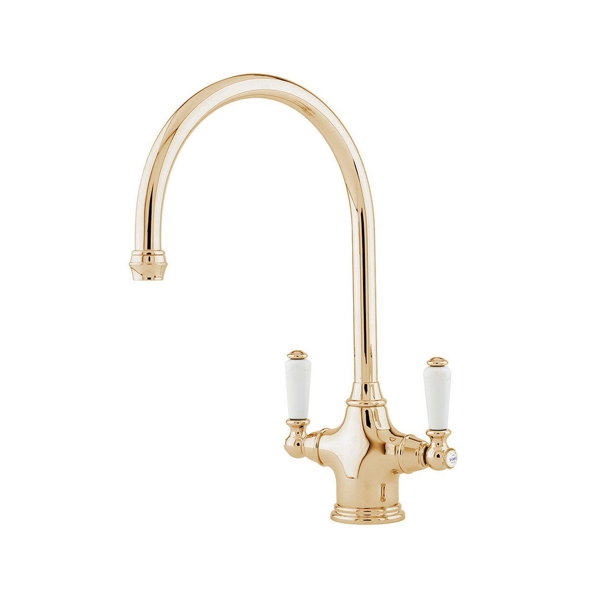 Shaws by Perrin & Rowe Ribble kitchen mixer in Polished Brass. Phoenician style monobloc kitchen tap AUSH.4460. Distributed in Australia by Luxe by Design, Brisbane.