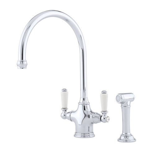 Shaws by Perrin & Rowe Ribble kitchen mixer with spray rinse in chrome. Phoenician style monobloc kitchen tap AUSH.4360. Distributed in Australia by Luxe by Design, Brisbane.