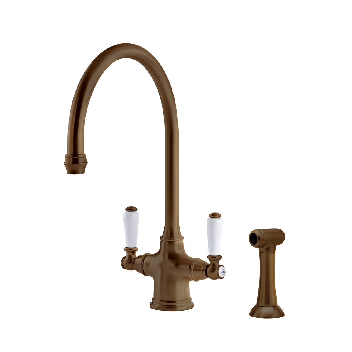 Shaws by Perrin & Rowe Ribble kitchen mixer with spray rinse in English Bronze. Phoenician style monobloc kitchen tap AUSH.4360. Distributed in Australia by Luxe by Design, Brisbane.