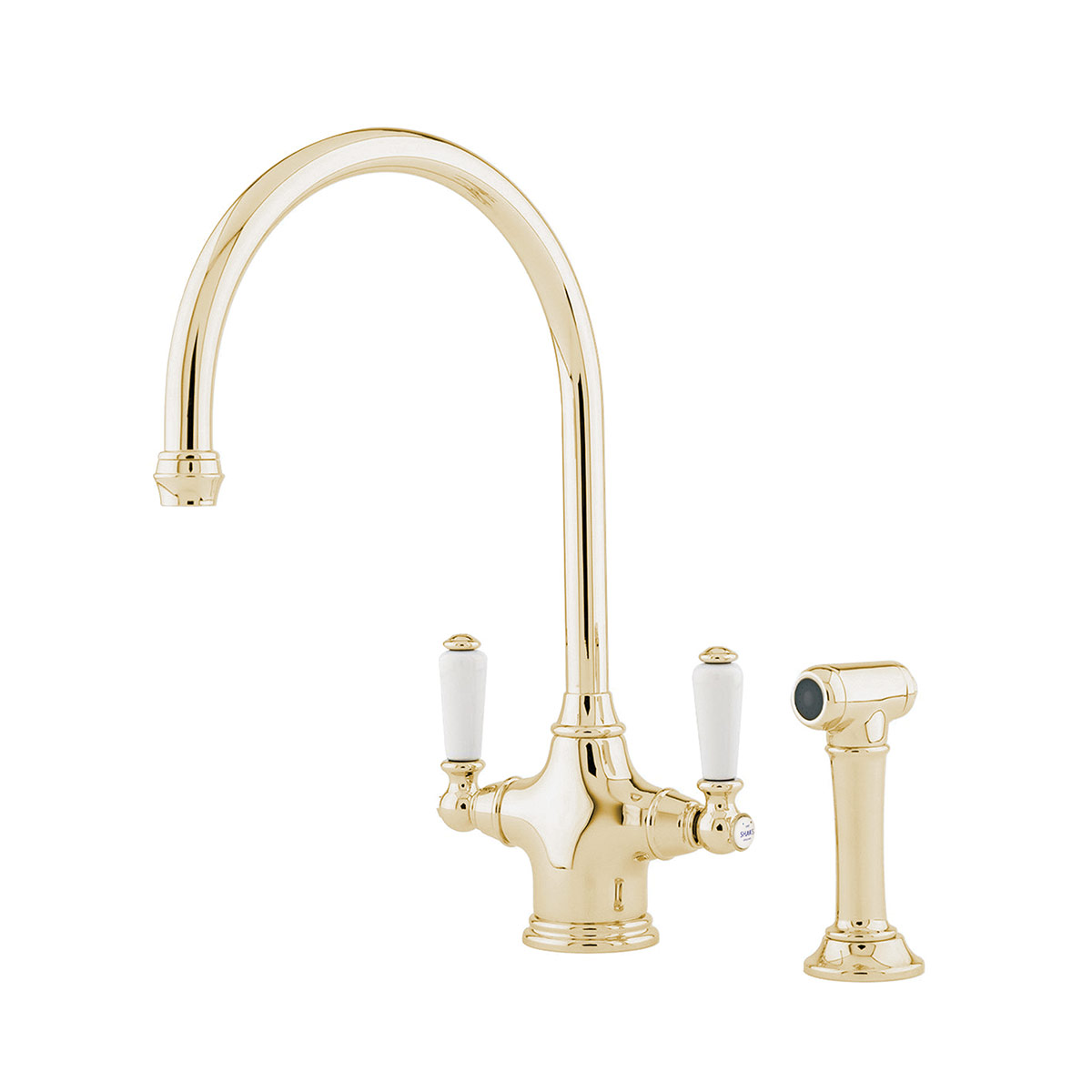 Shaws by Perrin & Rowe Ribble kitchen mixer with spray rinse in Gold (special order). Phoenician style monobloc kitchen tap AUSH.4360. Distributed in Australia by Luxe by Design, Brisbane.