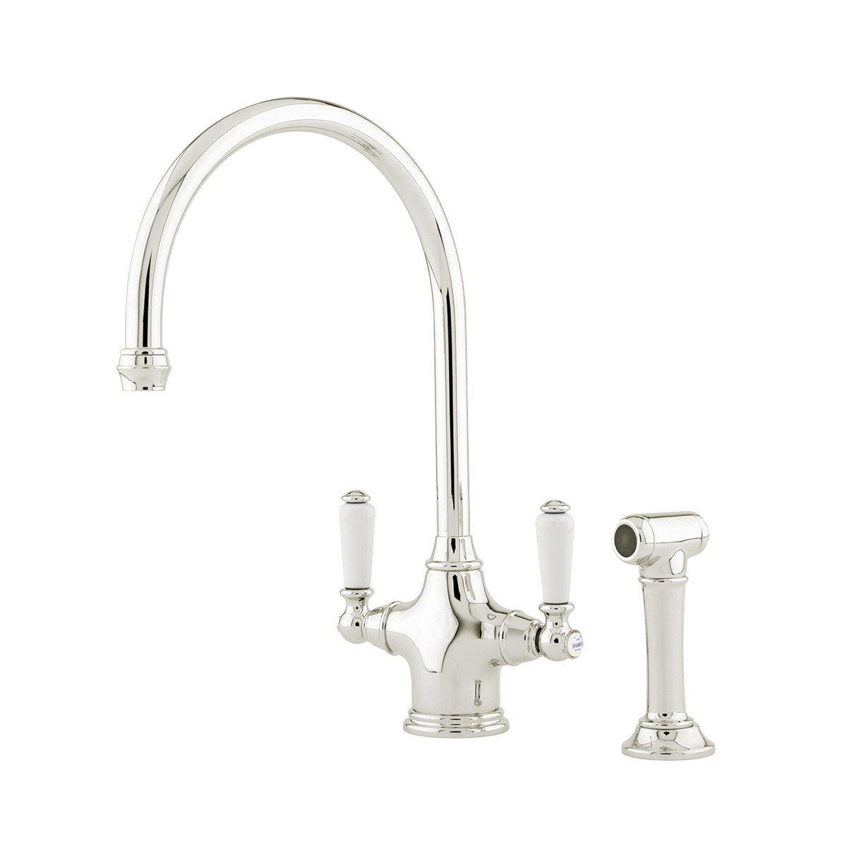 Shaws by Perrin & Rowe Ribble kitchen mixer with spray rinse in Nickel. Phoenician style monobloc kitchen tap AUSH.4360. Distributed in Australia by Luxe by Design, Brisbane.