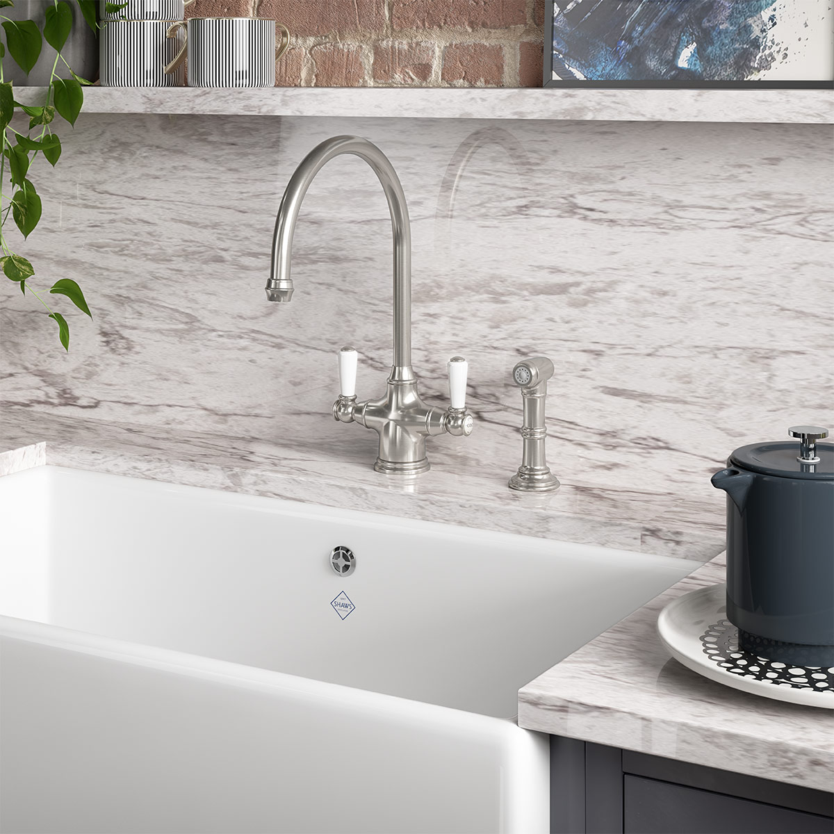 Shaws by Perrin & Rowe Ribble kitchen mixer with spray rinse in Pewter. Phoenician style monobloc kitchen tap AUSH.4360. Distributed in Australia by Luxe by Design, Brisbane.